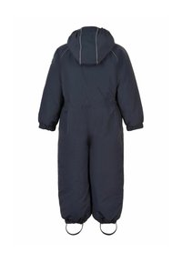 Mörkblå barn-overall med huva, elastiska ärmslut och justerbara bensnören. Har en slät, vadderad yta.