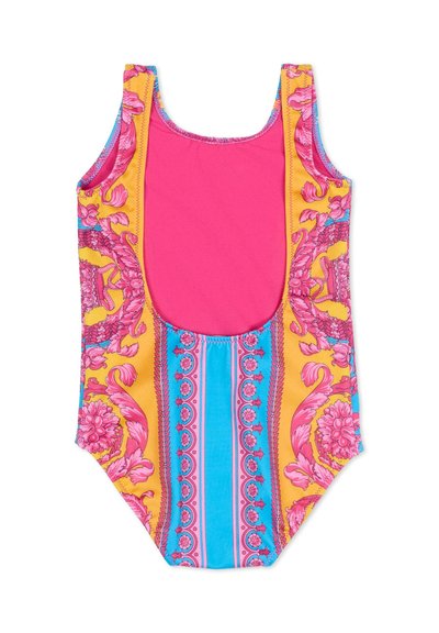 Maillot de bain aux couleurs vives avec un centre rose, des panneaux latéraux jaunes et bleus à motifs floraux, et un design élégant.