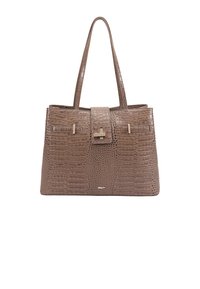 Bruine croco-embossed totebag met een gestructureerde vorm, twee lange handvatten, een centrale klepsluiting en accenten van goudkleurig beslag.