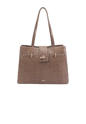 Brown croc-embossed tote bag with a structured shape, two long handles, a central flap closure, and gold-tone hardware accents.