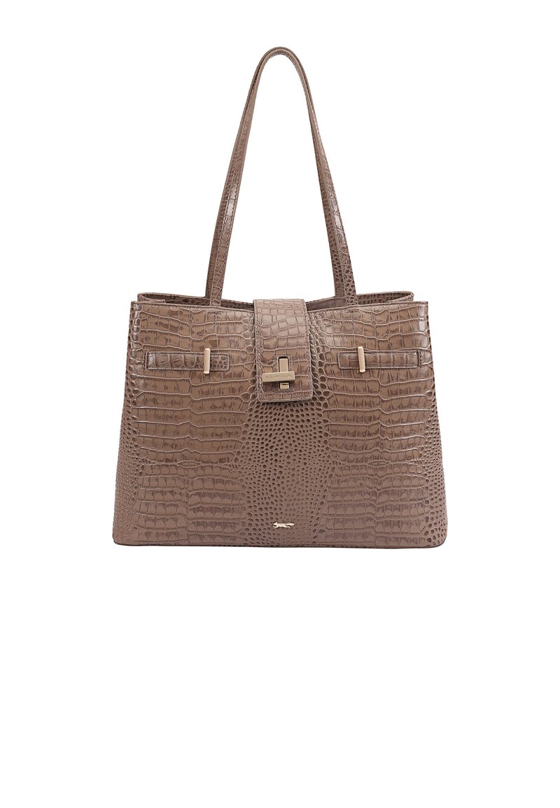 Bruine croco-embossed totebag met een gestructureerde vorm, twee lange handvatten, een centrale klepsluiting en accenten van goudkleurig beslag.