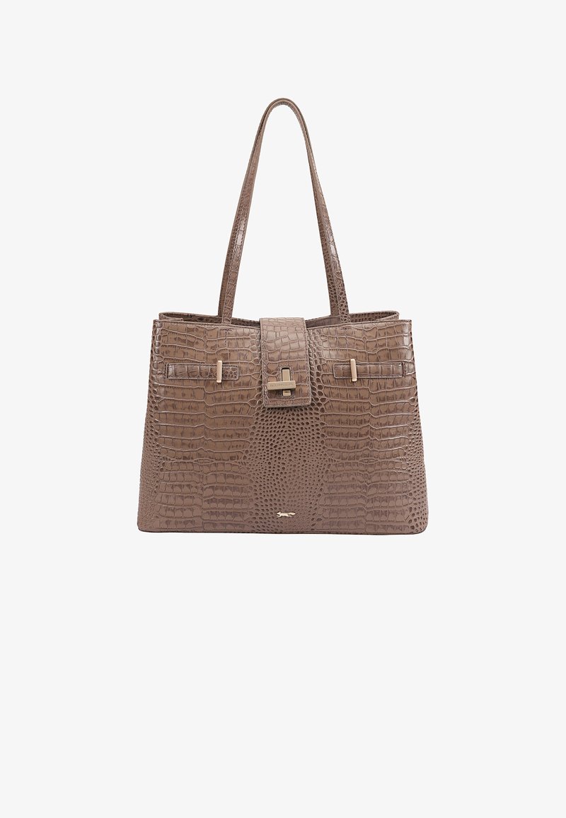 Bruine croco-embossed totebag met een gestructureerde vorm, twee lange handvatten, een centrale klepsluiting en accenten van goudkleurig beslag.