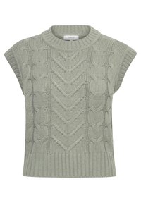 Hellgrüner gestrickter Pullover mit einem gerippten Rundhalsausschnitt, kurzen Ärmeln und einem Zopfmuster auf der Vorderseite. Strukturierter Stoff mit lockerem Schnitt.