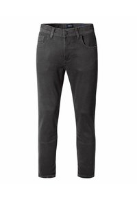 Schlanke schwarze Jeans aus weichem Denim. Verfügt über fünf Taschen, Gürtelschlaufen und einen Vorderverschluss. Glatter Stoff mit subtiler Textur.