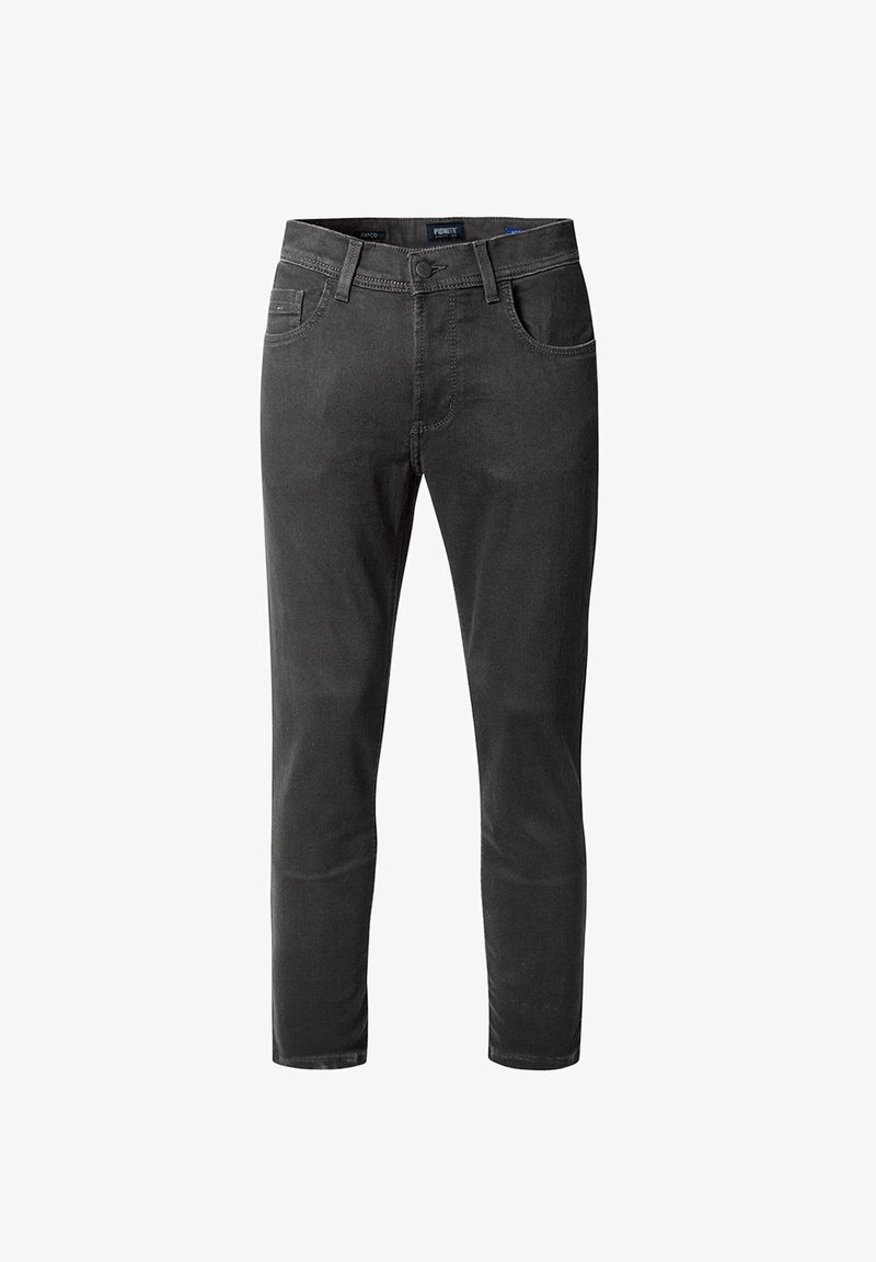 Schlanke schwarze Jeans aus weichem Denim. Verfügt über fünf Taschen, Gürtelschlaufen und einen Vorderverschluss. Glatter Stoff mit subtiler Textur.