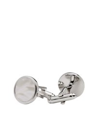 Silver cufflinks med runda, släta ytor och en polerad yta. Har en klassisk design och ett rörligt lås för enkel användning.