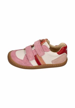 Child’s pink and white sneaker with two velcro straps, red and tan side stripes, brown sole, and red heel patch.