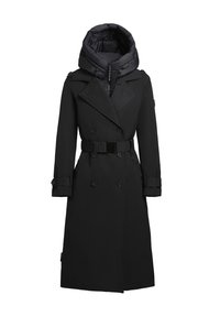 Long trench-coat noir à double boutonnage avec ceinture à la taille et doublure intérieure matelassée à capuche, poignets boutonnés et fermeture éclair sous le revers.