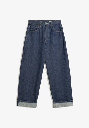 Tmavě modré denimové džíny s širokými nohavicemi a ohnutými lemy, předním zapínáním na knoflík a zip, poutky na opasek a pěti kapsami.