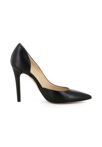 Pompe à talon aiguille en cuir noir, à bout pointu et côtés découpés, avec une texture lisse et un intérieur beige.