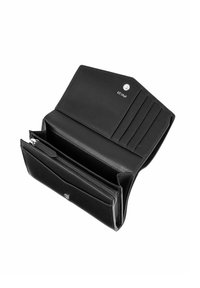 Portafoglio in pelle nera con una superficie liscia. Presenta molteplici scomparti per carte, un vano con zip e una chiusura a scatto, con dettagli del logo.