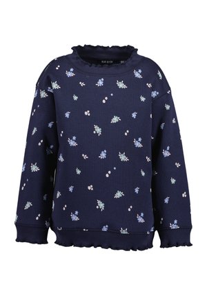 Marineblå sweatshirt med lange ærmer med små lyseblå og hvide blomsterprint, flæset halsudskæring, manchetter og kant.