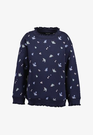 Marineblaue Sweatshirt mit langen Ärmeln, kleinen hellblauen und weißen Blumenmustern, gerafftem Ausschnitt, Bündchen und Saum.