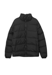 Veste matelassée noire avec fermeture éclair à l'avant, col montant, poignets élastiques et poches latérales zippées, présentée sur fond blanc.