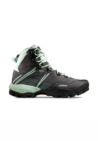 Scarponi da trekking alti con un design nero e verde menta, tomaia in rete, suola in gomma, fodera GORE-TEX e sistema di allacciatura rapida per supporto e stabilità.