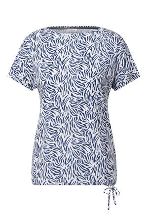 Korte mouwen top in het wit met een marineblauw bladerenpatroon, voorzien van een trekkoord aan de zoom voor een verstelbare pasvorm. Het materiaal is glad en lichtgewicht.