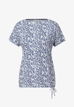 Krótki rękaw w białym kolorze z granatowym wzorem liści, z sznurkiem w dolnej części do regulacji dopasowania. Materiał jest gładki i lekki.