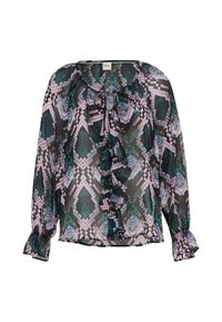 Printet gennemsigtig bluse med en flæse foran, med en knytning ved halsen. Designet inkluderer grønne, lilla og sorte geometriske mønstre. Lange ærmer.
