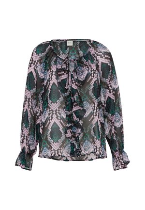 Geprinte transparante blouse met een volants voorzijde, met een strik halslijn. Het ontwerp bevat groene, paarse en zwarte geometrische patronen. Lange mouwen.