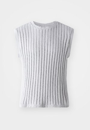 Sleeveless gray top with vertical ribbed texture, soft knit fabric, round neckline, and raw edges at the hem and armholes.