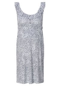 Vestido de maternidad en tejido ligero con un patrón de hojas en color marino. Presenta tirantes con volantes y detalles de botones en el escote. Silueta fluida.