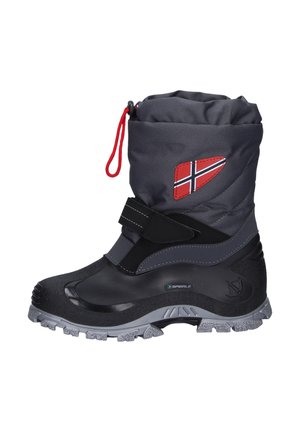 Black and gray insulated winter boot with a rounded toe, adjustable closure, red accent with Norwegian flag detail, and textured sole.