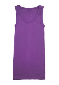 Fioletowa sukienka bez rękawów, wykonana z bawełny, z okrągłym dekoltem, do kolan, o gładkiej fakturze, bez wzorów ani ozdób.