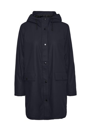 Marineblauer Regenmantel mit Kapuze, vorderen Druckknöpfen, verstellbaren Kordeln, langen Ärmeln und zwei Klapptaschen an den Hüften.