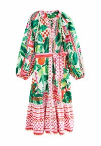Rochie cu model floral, cu mâneci lungi, decolteu legat, talie strânsă și tiv ondulat. Culori predominante: verde, roz, roșu și alb.
