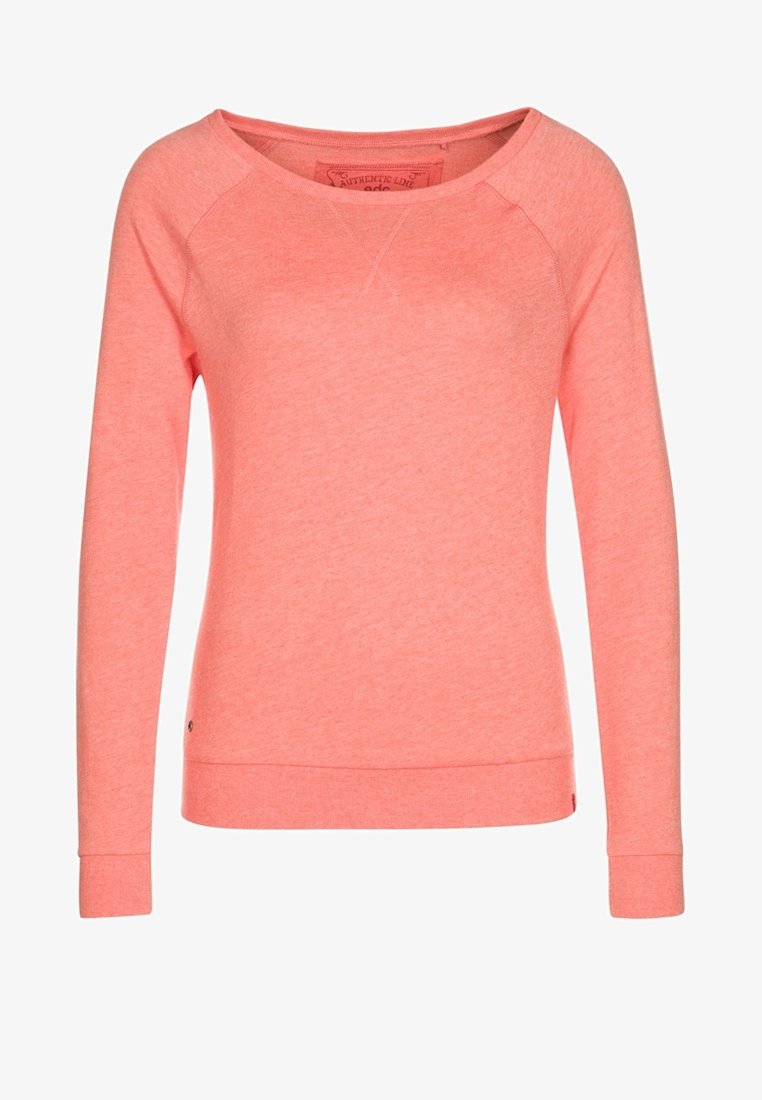 Koraalroze sweatshirt met lange mouwen en raglanmouwen, ronde halslijn en geribde boorden. Zachte textuur en logo-accent linksonder.