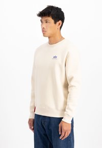 Beige sweatshirt med ribbet rund halsudskæring, lilla logo på brystet og rød detalje i kanten. Stoffet har en glat, bomuldsagtig tekstur.