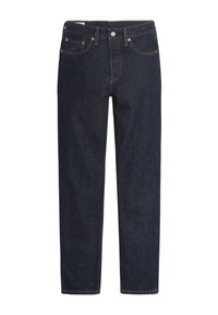 Donkerblauwe denim jeans met een rechte snit, vijf-pocket ontwerp, koperen klinknagels en oranje stiksels langs de naden.