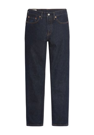 Dunkelblaue Denim-Jeans mit geradem Schnitt, Fünf-Taschen-Design, Kupferriegeln und orangefarbener Naht entlang der Nähte.