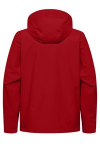 Rode waterdichte jas met capuchon, met een gladde textuur en lange mouwen. De achterzijde toont minimale details en geen zichtbare hardware.