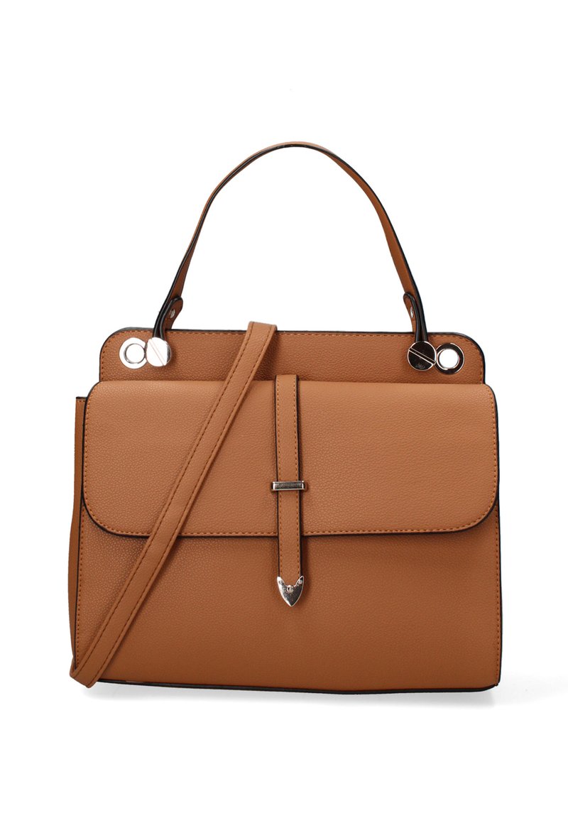 Borsa a tracolla in finta pelle marrone con un design strutturato, manico superiore e tracolla staccabile. Presenta dettagli in argento e chiusura a pattina.