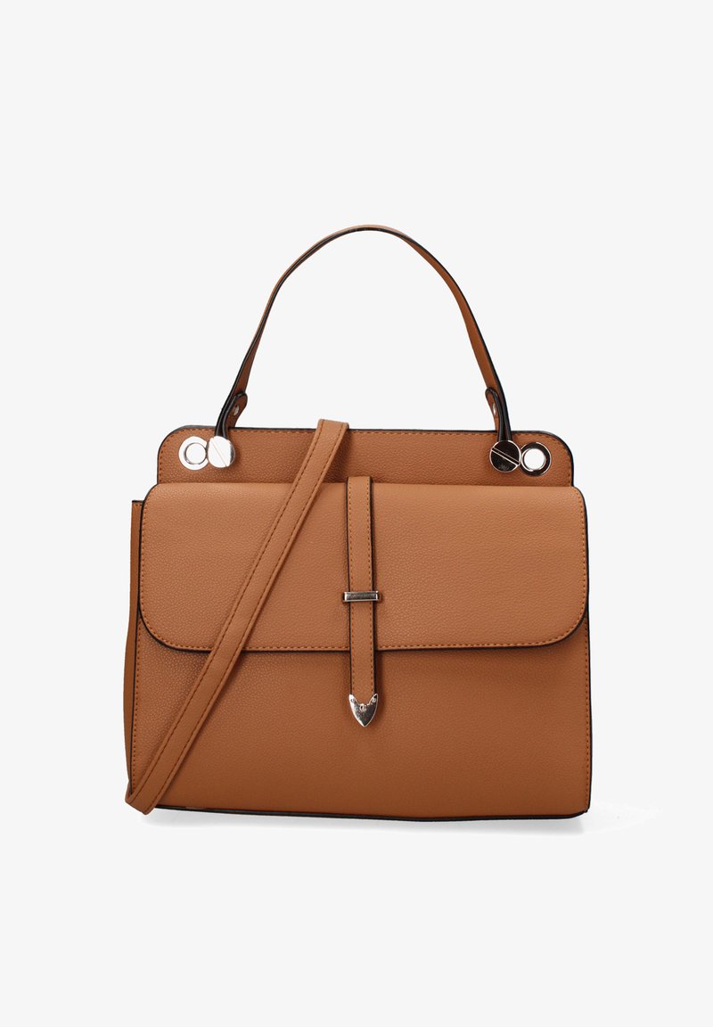 Luxe bruine neplederen handtas met een gestructureerd ontwerp, een bovenhandvat en een afneembare schouderband. Heeft zilveren accenten en een klepafsluiting.