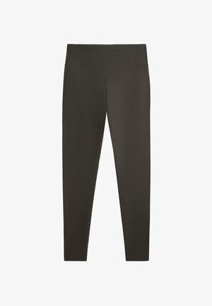 Temno olivno zeleni legice z visokim pasom in V-oblixnim šivom spredaj, ozkega kroja, ki segajo do gležnjev.