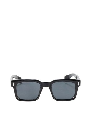 Gafas de sol rectangulares negras con montura gruesa y lentes tintadas oscuras sobre un fondo blanco.