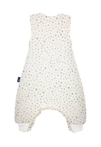 Schlafsack aus Baumwolle in Creme mit grauem Punktmuster, ausgestattet mit ärmellosem Design, weiten Beinöffnungen und elastischen Bündchen für mehr Komfort.