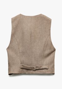 Beige ärmellose Weste aus strukturiertem Stoff. Verfügt über eine dezente Rückennaht und ein Gürtel-Detail mit einer runden Metallschnalle.
