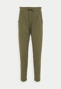 Olivově zelené tapered kalhoty s elastickým pasem, stahovací šňůrkou, bočními kapsami a nařasenými detaily podél okrajů kapes.