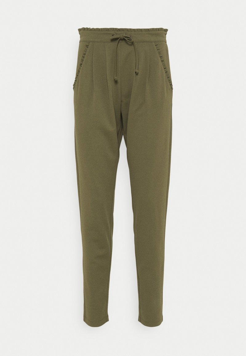 Olivově zelené tapered kalhoty s elastickým pasem, stahovací šňůrkou, bočními kapsami a nařasenými detaily podél okrajů kapes.