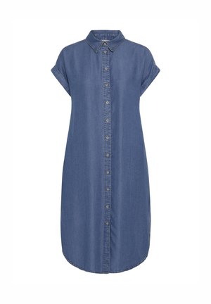 Robe-chemise en jean bleu à manches courtes avec fermeture boutonnée sur le devant et col classique, présentant des manches légèrement retroussées et un ourlet arrondi.