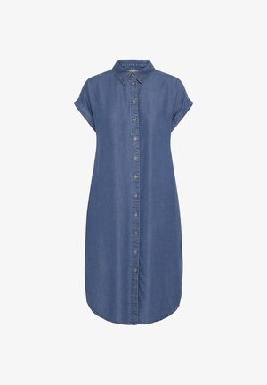 Modra denim srajčna obleka z dolgimi rokavi, sprednjim zapiranjem na gumbe in klasičnim ovratnikom, z rahlo zavihanimi rokavi in ukrivljenim robom.