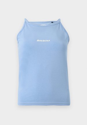 Lyseblå ermeløs tanktopp fra Dickies med tynne stropper og liten svart knappedetalj nær halsutringningen.