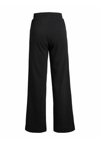 Black wide-leg pants featuring an elastic waistband, made from soft fabric, with a smooth texture and no visible patterns or accents.