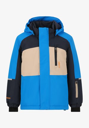 Blauwe en marineblauwe skijas met beige accenten, een capuchon, een ritsluiting aan de voorkant en een ritszak. Heeft een gestructureerde stof en verstelbare manchetten.