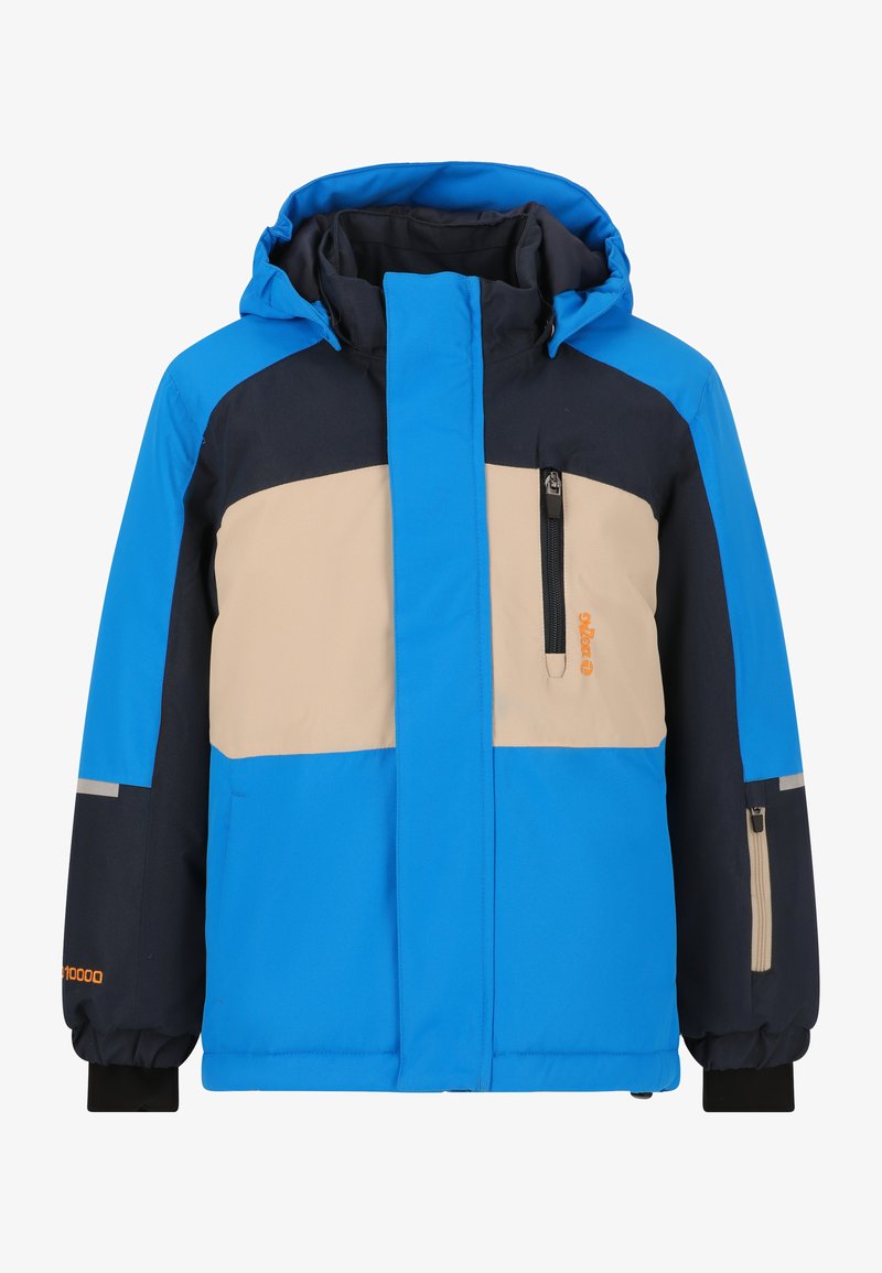 Veste de ski bleue et marine avec des accents beiges, une capuche, une fermeture éclair à l'avant et une poche zippée. Comprend un tissu texturé et des poignets réglables.