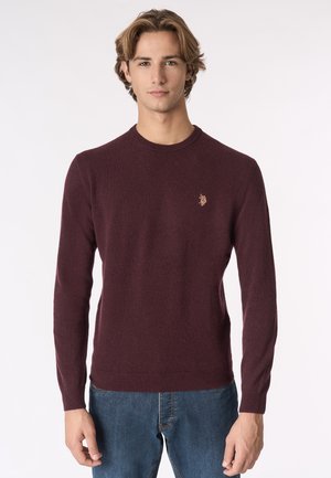 Maglione a maglia color marrone con scollatura tonda e maniche lunghe. Presenta un piccolo logo ricamato sul petto e polsini a costine. Abbinato a jeans blu.