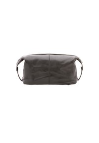 Borsa cosmetica nera in pelle con forma rettangolare, chiusura con zip superiore e manici laterali per un facile trasporto. Texture liscia con una leggera lucentezza.